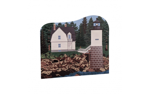 Detailed replica of Isle Au Haut Lighthouse, Isle Au Haut, Maine. Handcrafted in the USA 3/4" thick wood by Cat’s Meow Village.