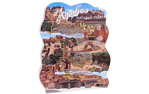 You'll love this wooden map of Arches National Park to set on your desk or bookshelf to remind you of the grandeur of this park. Handcrafted by The Cat's Meow Village in the USA.