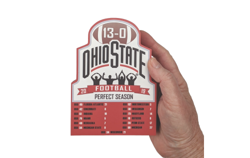 Ohio State University Football 2019 Perfect Season Commemorative handcrafted in 3/4" thick wood by The Cat's Meow Village in Wooster, Ohio.