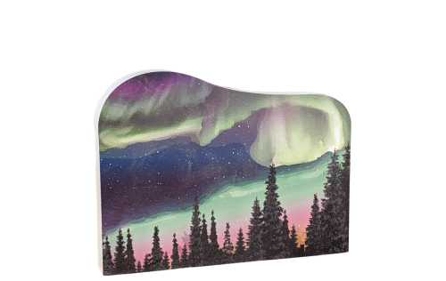 Beautifully colored scene of the Northern Lights, Alaska.  Handcrafted in the USA by the Cat's Meow Village.