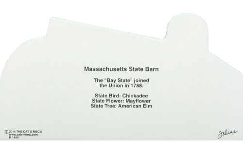 Massachusetts State Barn with state flag and other state facts represented on the front. The Bay State.
