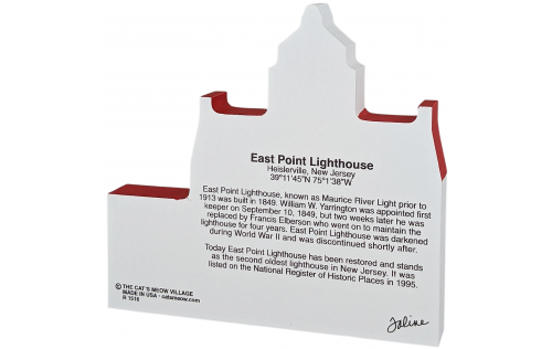 Back description of the East Point Lighthouse, Heislerville, New Jersey.  Handcrafted in the USA by Cat's Meow Village.