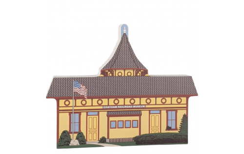 Colorful replica of Chatham Railroad Station, Chatham, Cape Cod, Massachusetts.  Handcrafted in the USA 3/4" thick wood by Cat’s Meow Village.