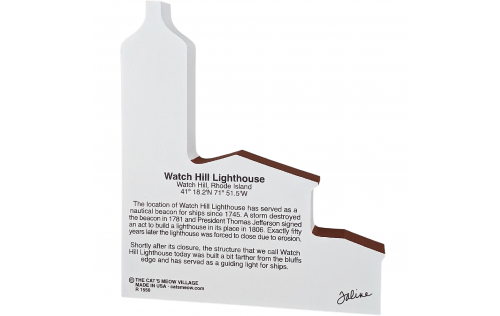 Back description of Watch Hill Lighthouse, Rhode Island.  Handcrafted in the USA by Cat's Meow Village.