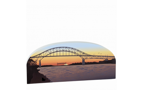 Wooden replica of the Bourne Bridge at sunset handcrafted by The Cat's Meow Village in the USA.