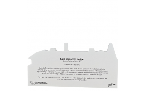 Back Description of Lake McDonald Lodge, Glacier National Park, Montana. Handcrafted in the USA 3/4" thick wood by Cat’s Meow Village