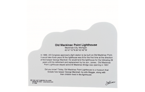 Back Description of Old Mackinac Point Lighthouse, Mackinaw City, Michigan, Handcrafted in the USA 3/4" thick wood by Cat’s Meow Village.