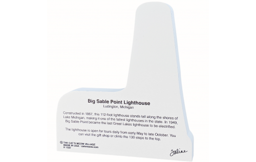 Back description of Big Sable Point Lighthouse, Ludington, Michigan. Handcrafted in the USA 3/4" thick wood by Cat’s Meow Village.