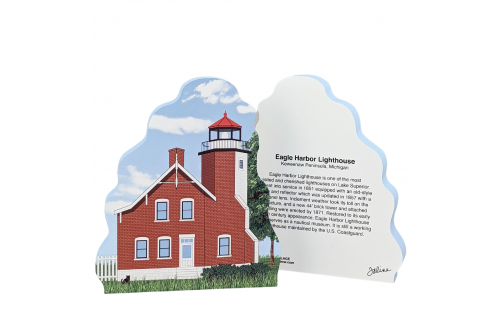Front and back wooden replica of Eagle Harbor Lighthouse in Michigan. Add this 3/4" thick lighthouse to your home decor. Handcrafted by The Cat's Meow Village in Wooster, Ohio. 