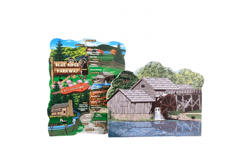 Mabry Mill wooden replica along with the Blue Ridge Parkway map handcrafted in 3/4" thick wood by The Cat's Meow Village in the USA.
