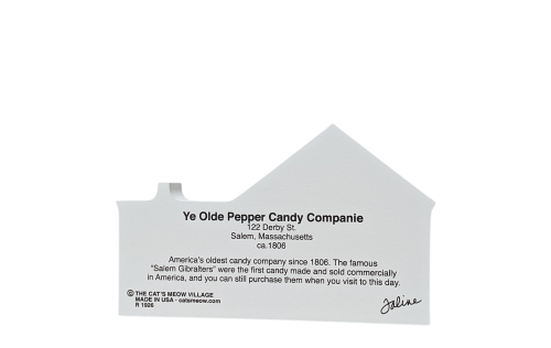 Back of wooden replica of Ye Olde Candy Shoppe, Salem, Massachusetts handcrafted by The Cat's Meow Village in the USA.
