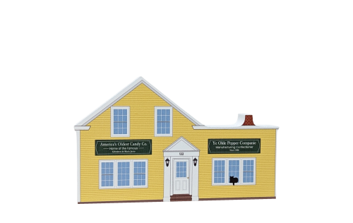 Wooden replica of Ye Olde Candy Shoppe, Salem, Massachusetts handcrafted by The Cat's Meow Village in the USA.