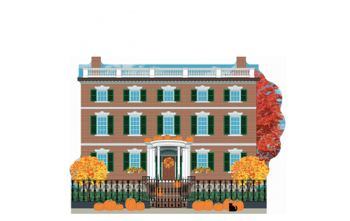 Wooden replica of the Peabody Essex Gardner-Pingree House decorated in Fall / Halloween decor. Handcrafted by The Cat's Meow Village in the USA.