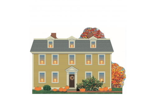 Wooden replica of the PEM Crowninshield-Bentley House all dressed in fall decor. Handcrafted by The Cat's Meow Village in the USA.