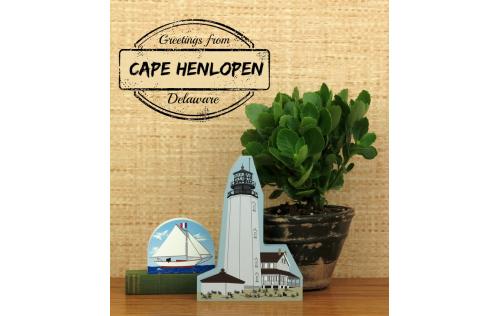 Home display of the Cape Henlopen Lighthouse and Bermuda Sloop made in the USA by The Cat's Meow Village
