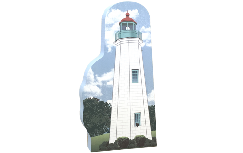 Handcrafted 3/4" thick wooden replica of Old Point Comfort Lighthouse, Ft. Morgan VA. Made in the USA by The Cat's Meow Village.