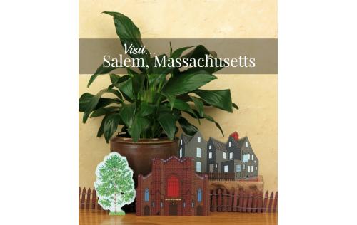 Remember your trip to Salem with a wooden keepsake of the House Of Seven Gables or Witch Museum to decorate your home created by The Cat's Meow Village