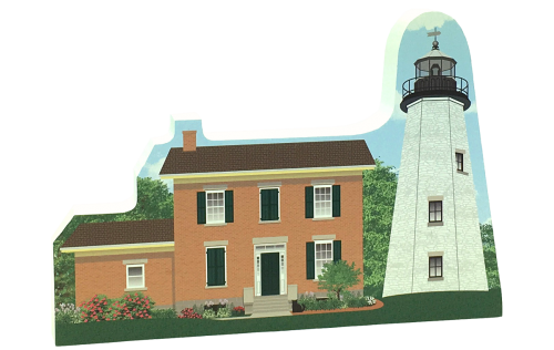 Handcrafted 3/4" thick wooden keepsake of the Charlotte-Genesee Lighthouse in Rochester, NY. Made in the US by The Cat's Meow Village