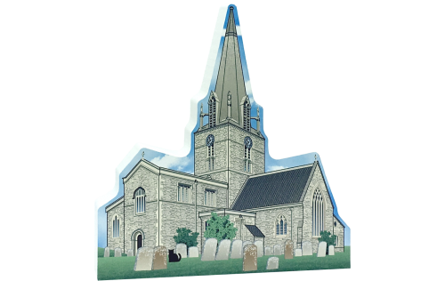 The handcrafted wooden replica of St. Mary the Virgin Church in Bampton, England, was inspired by the television series "Downton Abbey." Created by The Cat’s Meow Village and made in the USA.