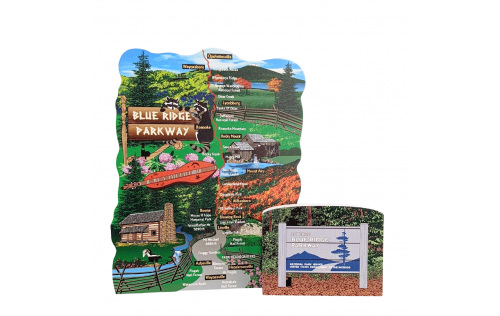 Blue Ridge Parkway sign shown along with the Blue Ridge Parkway map handcrafted in 3/4" thick wood by the Cat's Meow Village in the USA.