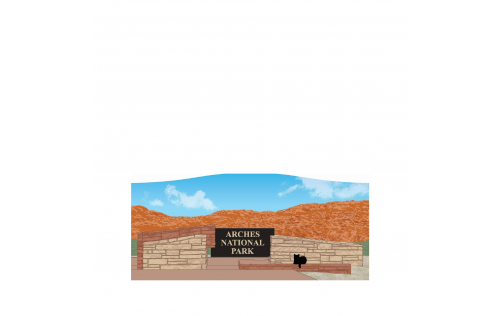 wooden souvenir of the Arches National Park Sign, Utah. Handcrafted by The Cat's meow Village in the USA.