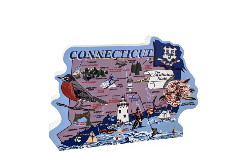 Show your state pride with a state map of Connecticut handcrafted in wood by The Cat's Meow Village