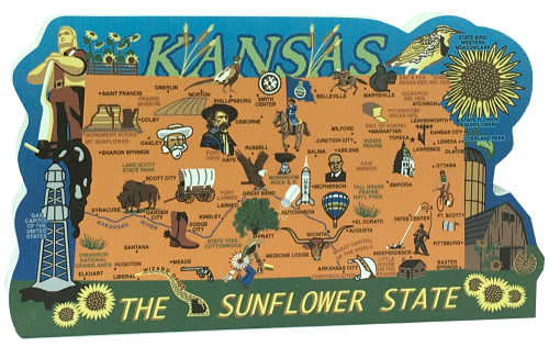 Show your state pride with a state map of Kansas handcrafted in wood by The Cat's Meow Village