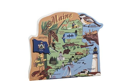 Show your state pride with a state map of Maine handcrafted in wood by The Cat's Meow Village