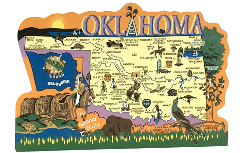Display your state pride with a state map of Oklahoma handcrafted in wood by The Cat's Meow Village