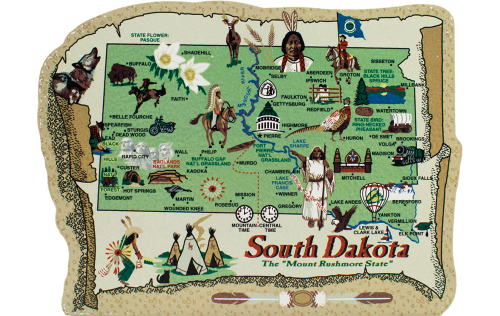 Show your state pride with a state map of South Dakota handcrafted in wood by The Cat's Meow Village