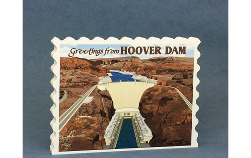 Wooden vintage postcard style replica of the Hoover Dam on the Colorado River. Remember your trip with our handcrafted in the USA replica.