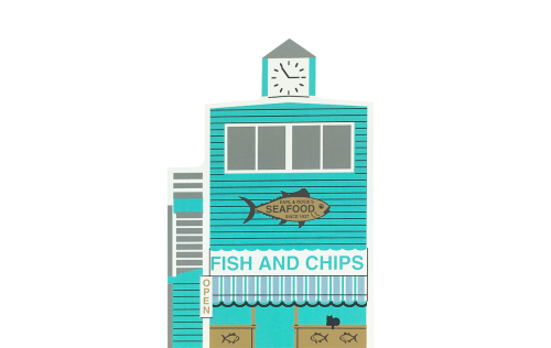 Vintage Rosie's Fish & Chips from Series XIV handcrafted from 3/4" thick wood by The Cat's Meow Village in the USA