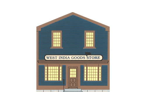 Vintage West India Goods Store from Market Street Series handcrafted from 3/4" thick wood by The Cat's Meow Village in the USA.