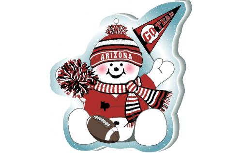 Cheer on your Arizona team with this adorable snowman ornament waving his Go Team pennant, handcrafted in 1/4" thick wood by The Cat's Meow Village. Made in the USA!