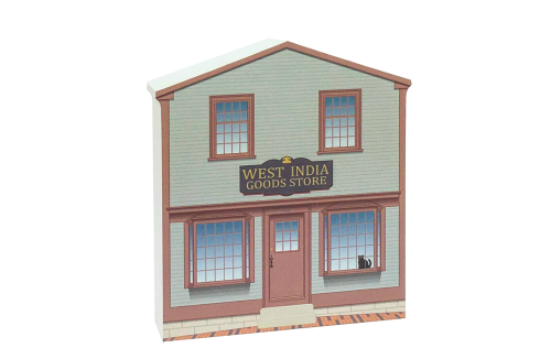 Replica of the West India Goods Store part of the Salem Maritime National Historic Site. Handcrafted of 3/4" thick wood with colorful details on the front and history on the back. Made by Cat's Meow Village in Wooster, Ohio.