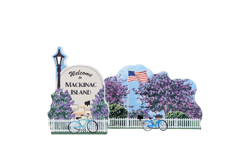 Grouping of Mackinac Island souvenirs handcrafted by The Cat's Meow Village in the USA.