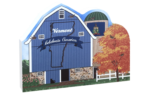Show your state pride with this Vermont state barn. We've included all the state symbols within the design. Handcrafted by The Cat's Meow Village in the USA.