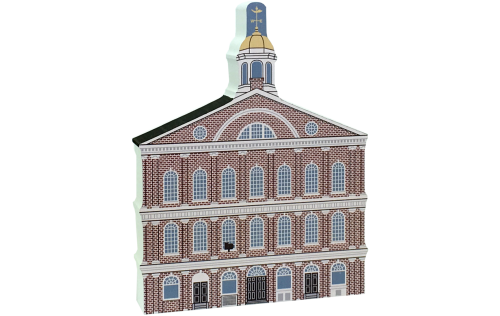 Wooden replica of Faneuil Hall in Boston, Massachusetts. Carry it home, add it to your home decor. Handcrafted by The Cat's Meow Village in the USA.