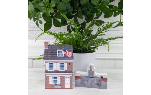 Wooden replicas of the Cat Fountain and the Betsy Ross House in Philadelphia, PA. Handcrafted in the USA by The Cat's Meow Village.
