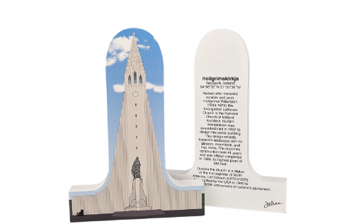 Wooden replica of Hellgrimskirkja Church, Reykjavik, Iceland to add to your home decor. Handcrafted by the Cat's Meow Village in the USA.