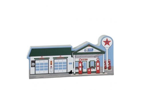 Wooden replica of the Ambler-Becker Route 66 Gas Station, Dwight, Illinois. Handcrafted in 3/4" thick wood by The Cat's Meow Village in the USA.