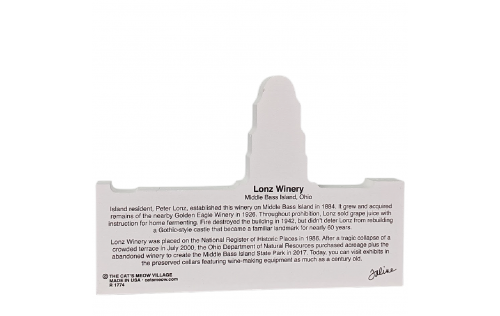 Back of the wooden replica of Lake Erie Lonz Winery, Middle Bass Island, Ohio handcrafted by The Cat's Meow Village in Ohio.