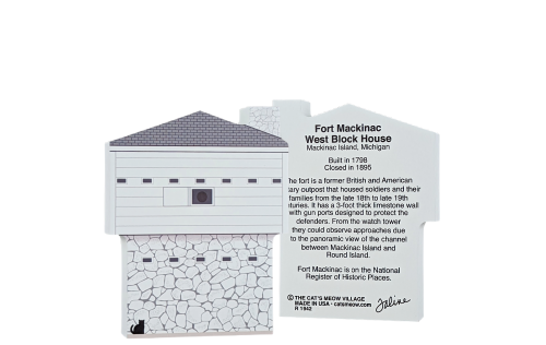 Wooden souvenir of Fort Mackinac Block House on Mackinac Island, Michigan. Handcrafted in 3/4" thick wood by the Cat's Meow Village in Ohio.