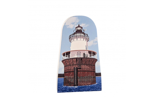 Wooden souvenir of the Lubec Channel Light in Lubec, Maine. Handcrafted by The Cat's Meow Village in Ohio.