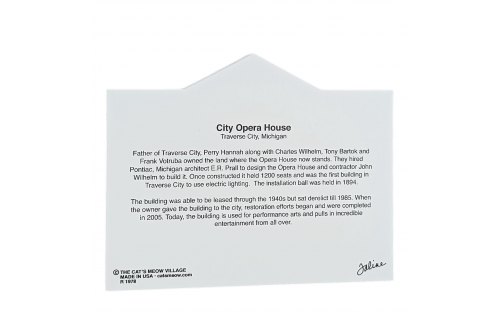 Back of wooden souvenir of the City Opera House in Traverse City, MI. Handcrafted by The Cat's Meow Village in Ohio.