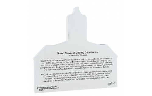 Back of wooden souvenir of Grand Traverse County Courthouse in Traverse City, MI. Handcrafted by The Cat's Meow Village in Ohio.