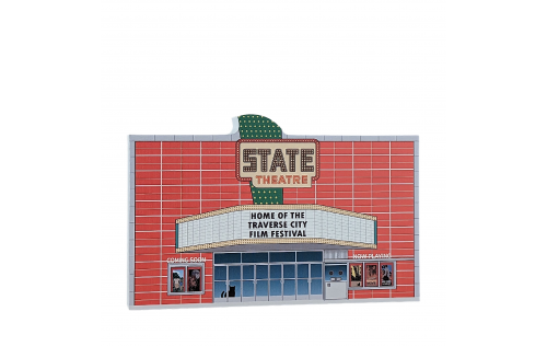 Wooden souvenir of the State Theatre in Traverse City, MI. Handcrafted by The Cat's Meow Village in Ohio.
