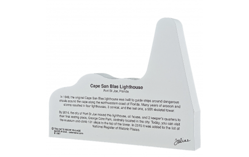 Back of wooden souvenir of Cape San Blas Lighthouse in Port St. Joe, Florida. Handcrafted in 3/4" thick wood by the Cat's Meow Village in Ohio.