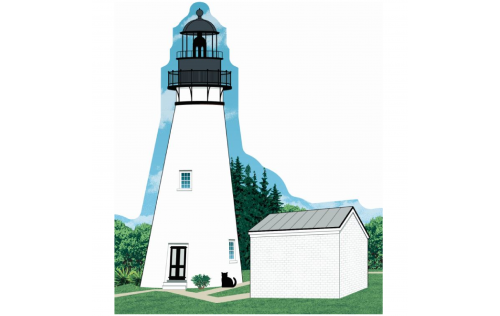 Wooden replica of Amelia Island Lighthouse, Fernandina Beach, Florida handcrafted by The Cat's Meow Village in the USA.