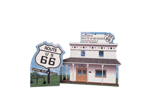 Wooden replica of National Rt 66 Museum, Elk City, Oklahoma, handcrafted by The Cat's Meow Village in the USA.